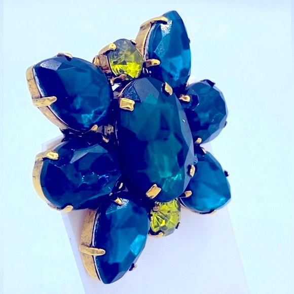 Vintage Erickson Beamon Gold Tone Teal Blue And Citrine Rhinestone Brooch Signed - Picture 2 of 10